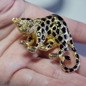 Leopard Brooch Park Lane Black Purple Enamel Rhinestone Eyes Gold Tone Vintage
